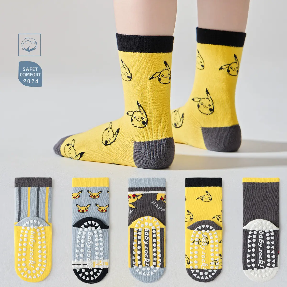 5 Pairs New Winter Kids & Baby Cartoon Pokemon Sanrio Kuromi Mid Tube Cotton Anti-Slip Socks/Cotton Breathable Girls And Boy Socks/Kids Home Floor Socks/suitable for1-12 Years Old