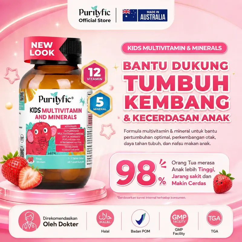 Purityfic Kids Multivitamin 12 Vitamin & 5 Mineral  - Vitamin Anak untuk Membantu Pertumbuhan & Perkembangan Anak dan Memelihara Kesehatan Anak | 60 Tablet Kunyah rasa Strawberry – Made in Australia