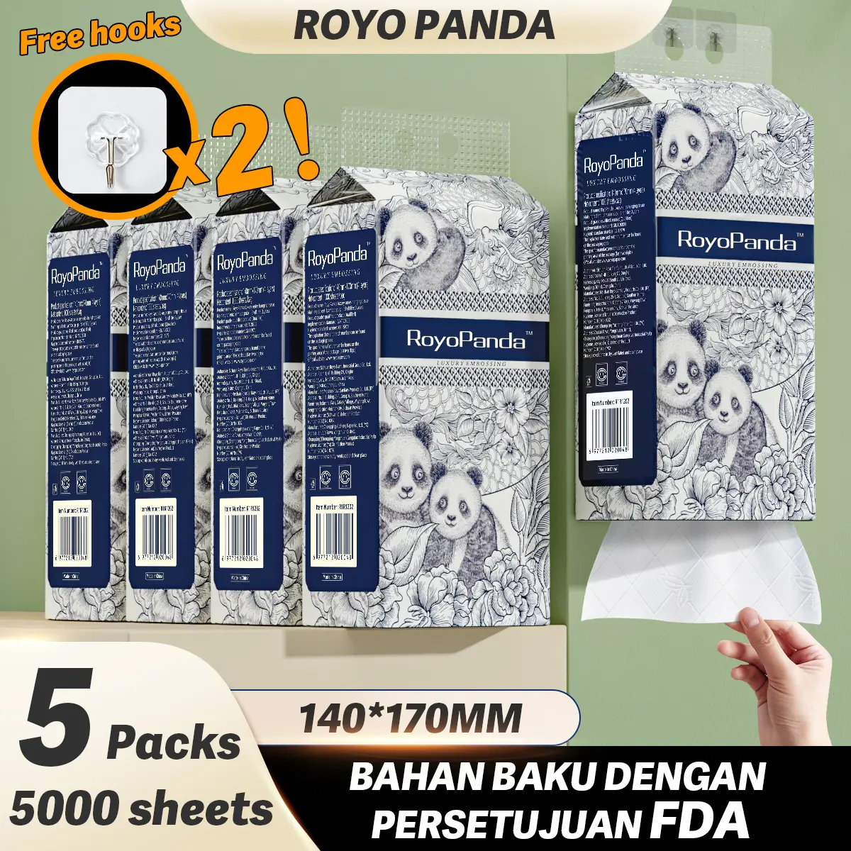 【BUY 1 TAKE 4】ROYO PANDA Hanging Pull-out Tissues, Diamond Embossed Craft, Skin-friendly Soft, 4 Ply, 5 Packs, 140*170mm, Total 1000 Sheets Wood Nature Napkin panda  tissue hanging  tissue  paper Raw