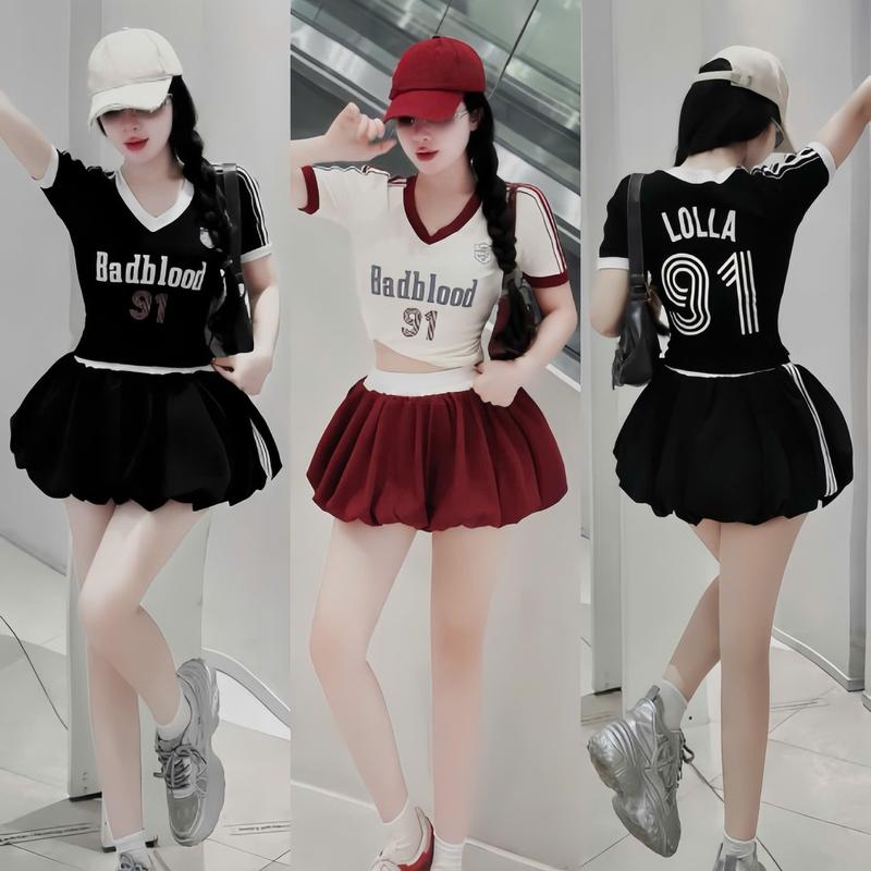 Áo Trắng chỉ giặt nước lạnh và giặt tay - ra màu Set áo croptop cổ tim viền phối quần bí phồng sọc hai bên thiết kế in chữ trẻ trung năng động cho nữ mặc đi chơi