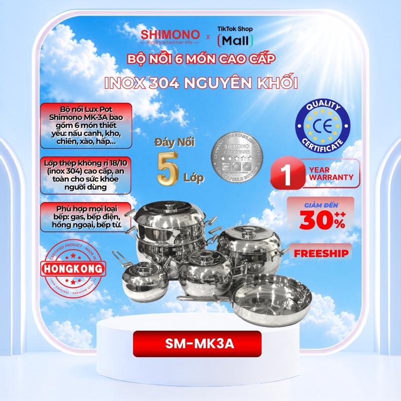 Bộ Nồi 5 Lớp Cao Cấp Lux Pot SHIMONO MK-3A Nóng Đều Bề Mặt Sáng Bóng Chất Lượng Cao 18/10 Stainless Steel & Aluminium