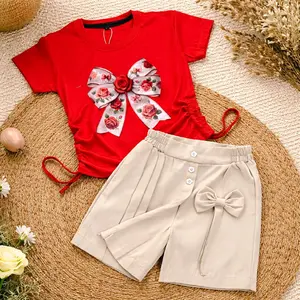 Setelan Rokcelana Kaos Serut Anak Perempuan 1-9Tahun dengan Desain Bunga dan Pita Cantik untuk Tampilan Stylish Kids