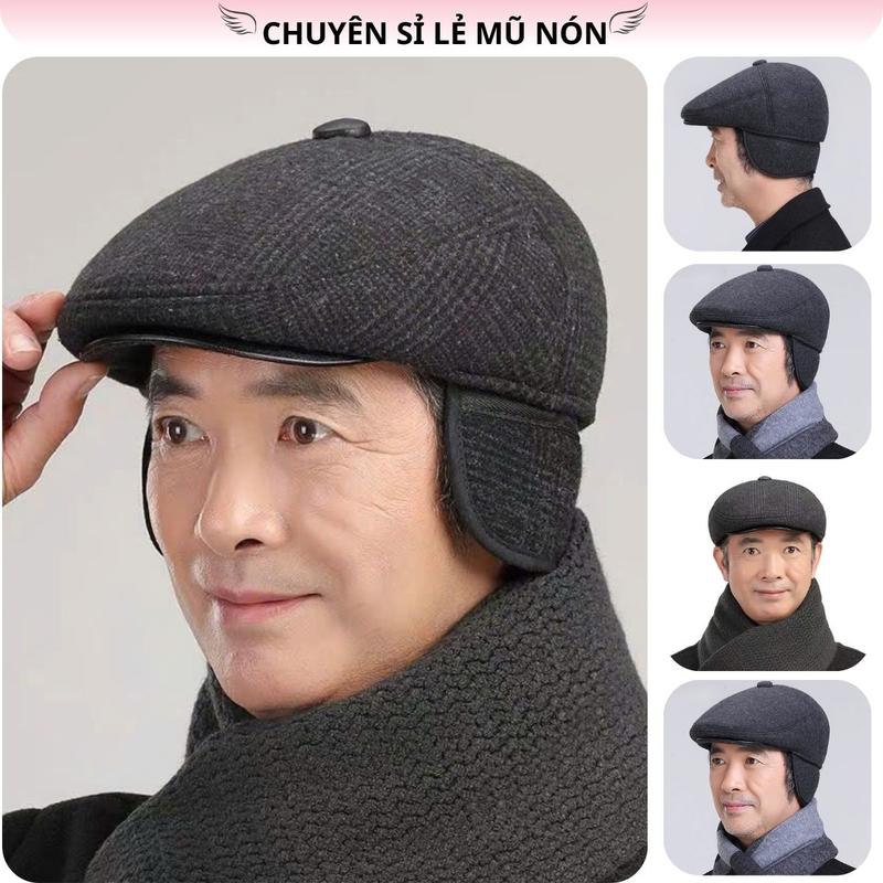 Mũ beret có tai che mũ nồi ông già đội giữ ấm mùa đông nón đội cho người trung niên phong cách lịch lãm Cap Voi Cao Su Ca Hat Nam