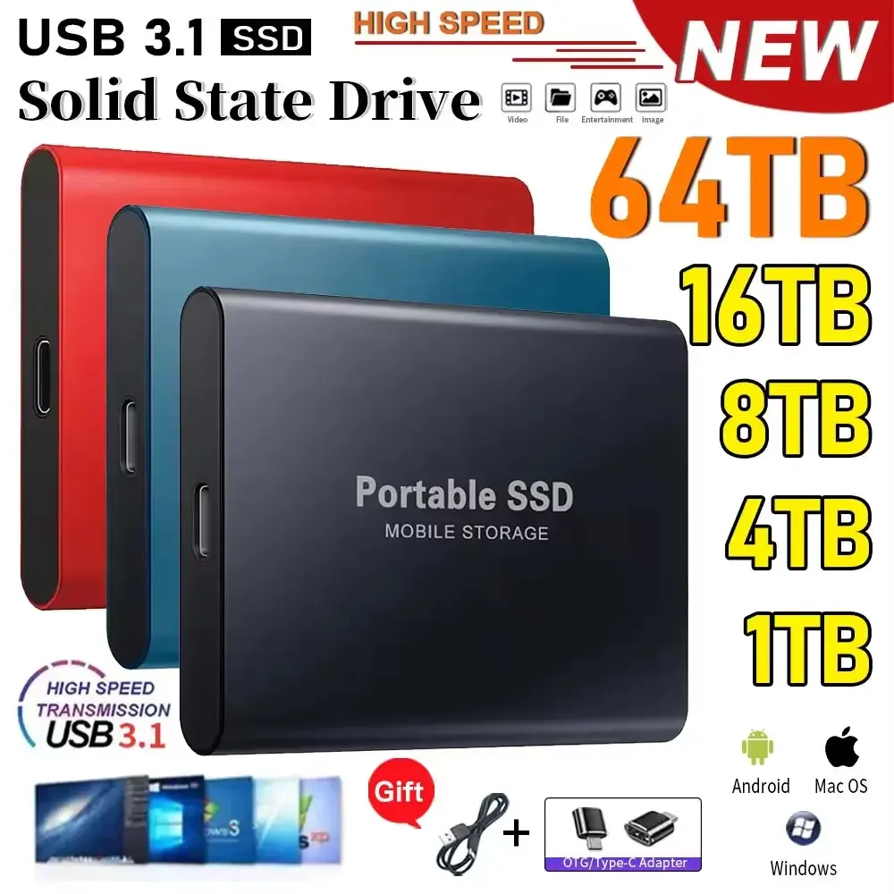 ไดรฟ์ SSD ภายนอกความเร็วสูง, ฮาร์ดไดรฟ์ภายนอกแบบพกพา 1TB, ฮาร์ดดิสก์ภายนอก 2TB, เหมาะสำหรับแล็ปท็อปและ Mac, ไดรฟ์ฮาร์ดดิสก์ SATA, ไดรฟ์ SSD