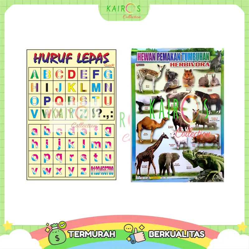 Paket 10 Poster Belajar Anak Edukasi Angka, Huruf, Binatang, Buah, Sayur, Random Motif Karton Sekolah Stationery 6