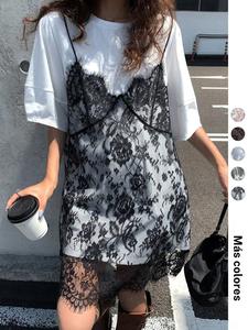 Vestido de tirantes con patchwork de encaje para mujer, cuello redondo y manga corta, ajuste holgado para uso casual diario (1 pieza)
