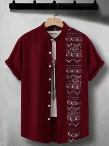 Camisa de hombre de manga corta con parches en color vino, estampado étnico, cuello alto y corte holgado, estilo casual para vacaciones, ropa de moda para hombres