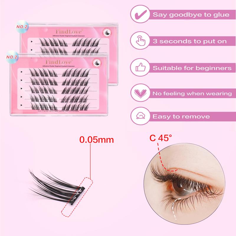 Product Introduction of [No Need Glue]Find Love Fox Eye NO.2 Pre-Bond Technology  No Glue Needed  DIY Eyelash  1-Step Press On Lashes Self Adhesive Reusable Natural Segmented  Long Lasting DIY Lash gluefree lashes Self-Adhesive C Curl Lashes 36