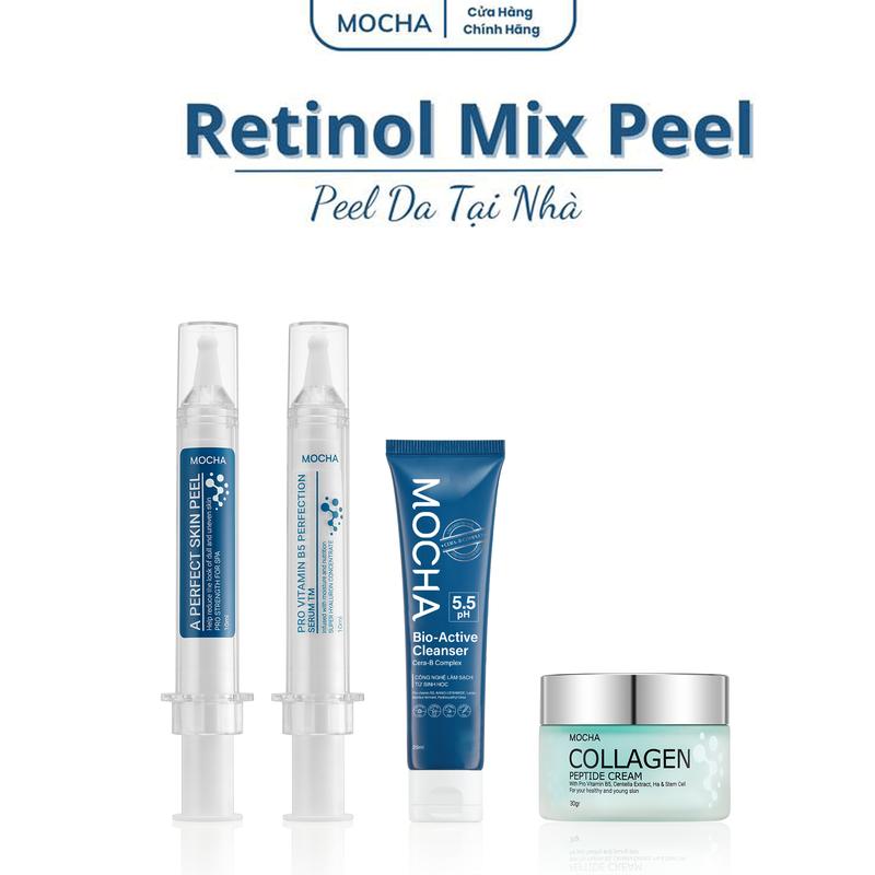PEEL MIX RETINOL MOCHA, thương hiệu: MOCHA, mua 1 được 4, gồm 4 sản phẩm: 1 tinh chất Peel Mix Retinol Mocha (10ml) tặng 1 tinh chất phục hồi (10ml), 1 sữa rửa mặt b5 (25ml), 1 dưỡng collagen(30gr). Women Skincare Nữ Làm Đẹp Da Chăm Sóc Da. peel mocha