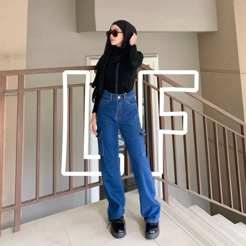 HIGHWAIST CARGO JEANS WANITA VIRAL JEANS WARNA Celana Panjang 5