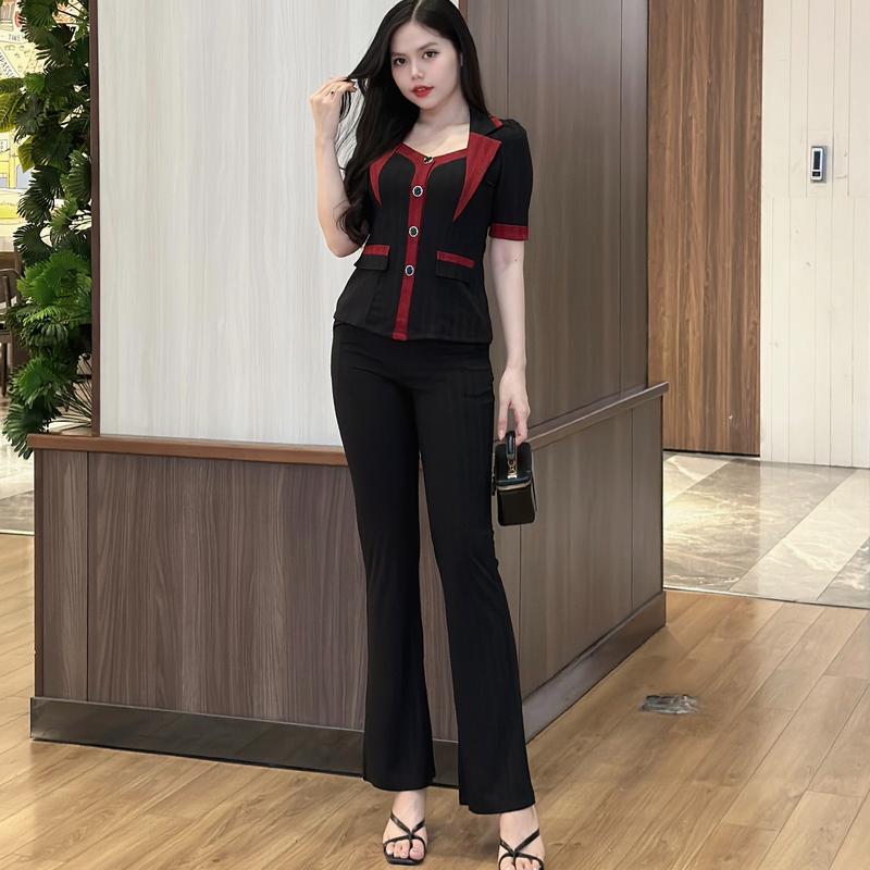 Set BỘ CỔ VEST NGẮN TAY - QUẦN ỐNG LOE, Chất liệu thun Tăm Mè vải Mềm - Mịn - Mát co dãn, thấm hút tốt, tôn dáng 3 vòng, che khuyết điểm, Đồ Bộ Nữ Top Women, Size từ 44 - 70Kg