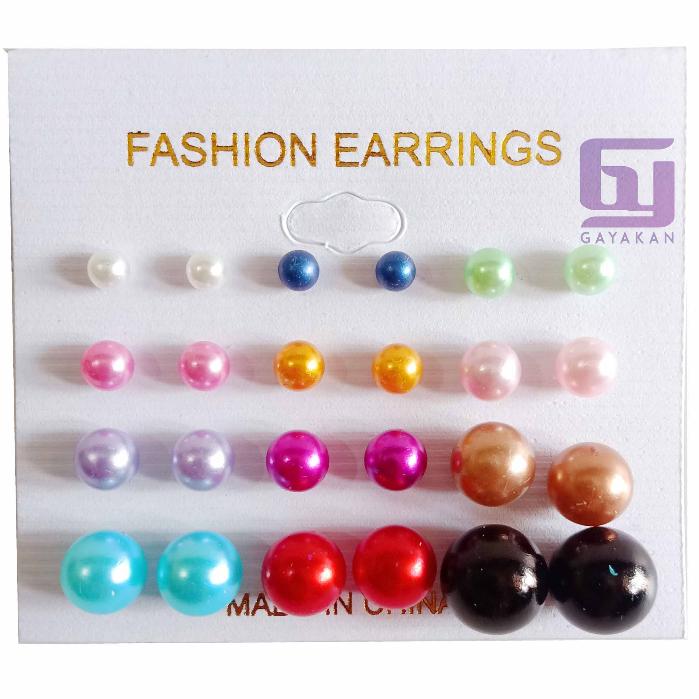 Isi 24 Pcs (12 Pasang) Anting Tusuk Besi Mote Lada Putih Multiwarna Multisize 3