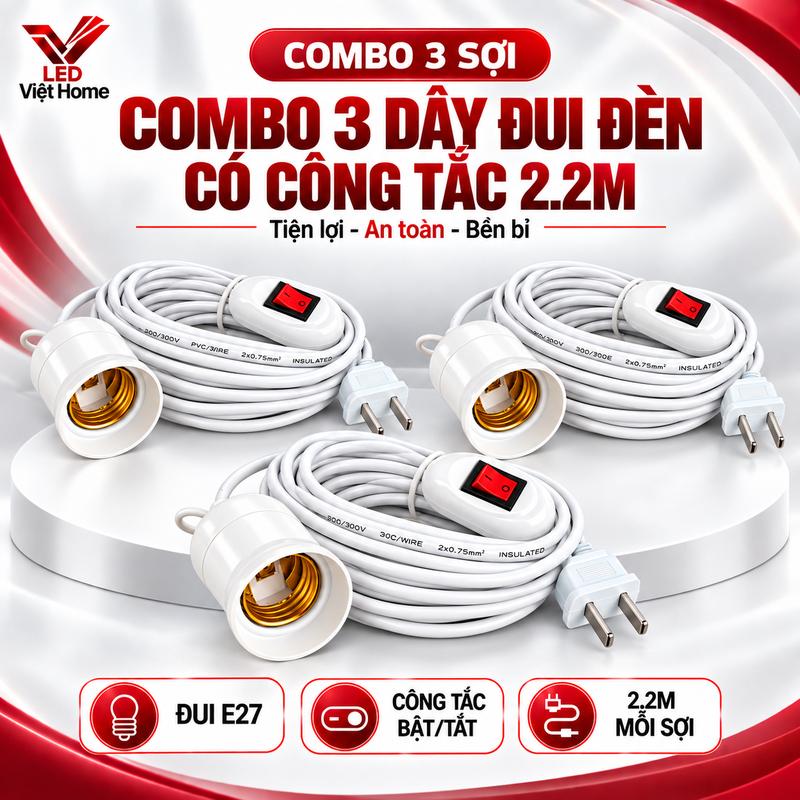 Đui Đèn Liền Dây Công Tắc Dài 2.2M, Chui Đèn Xoáy E27 Phổ Thông LED Việt Home Vật Liệu Nhựa Cao Cấp Dây Điện Lõi Đồng