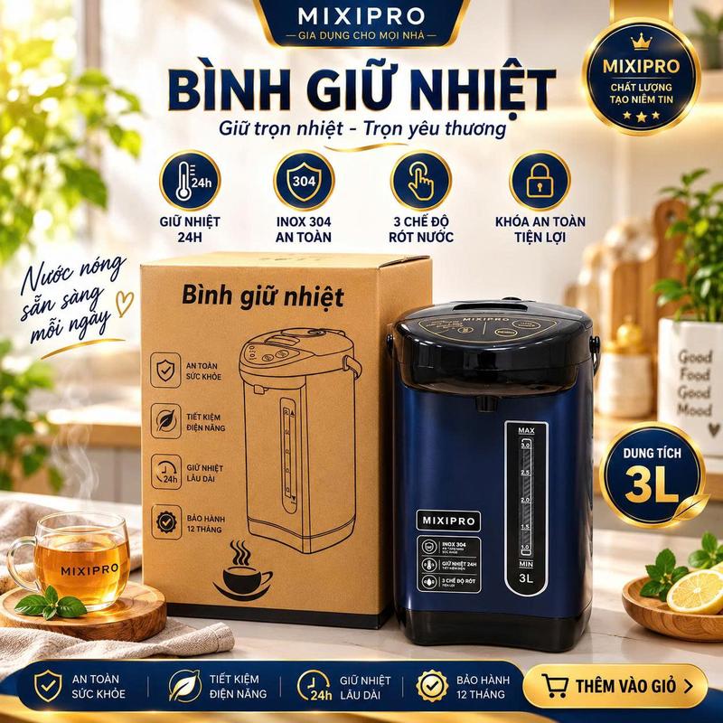 Bình Thủy Điện MIXIPRO 3L Inox 304 Giữ Nhiệt 24H, Bình Đun Nước Nóng 3 Chế Độ Rót, Khóa An Toàn