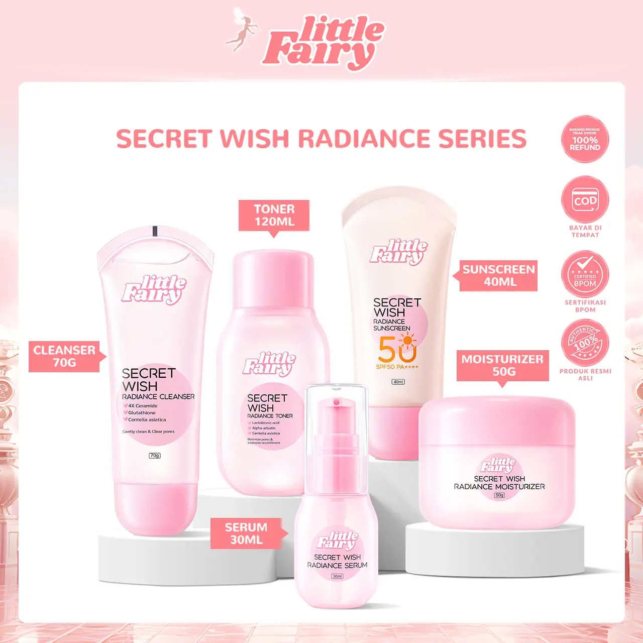 LITTLE FAIRY Secret Wish Radiance Series Face wash Toner serum moisturizer CERAMIDE Soothing brightening kindly for Kering Kusam Skin
