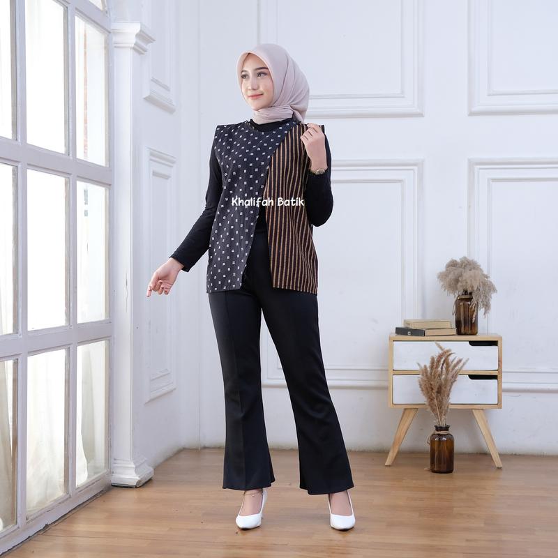 Outer Batik Kondangan Wanita Tanpa Lengan Jumbo Panjang Atasan Rompi Hitam 3