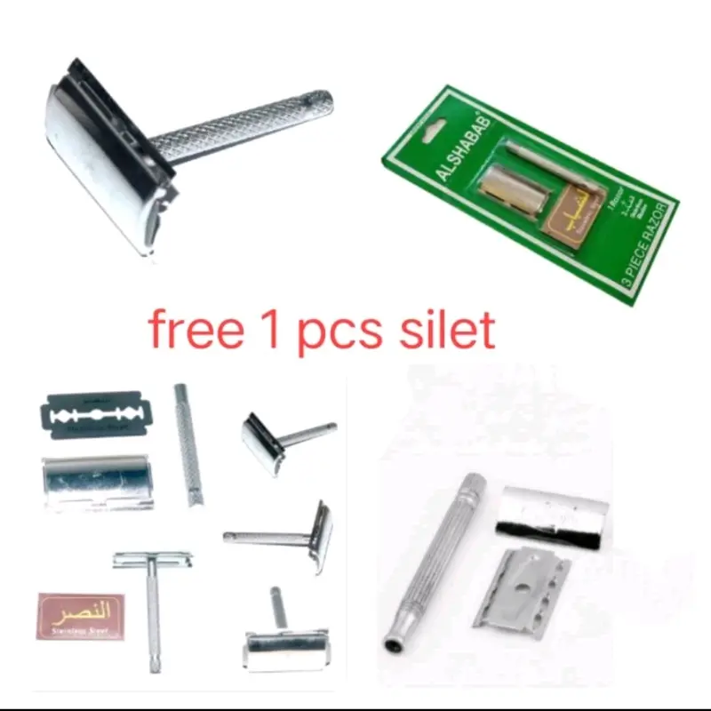 [1 rtg isi 6 pcs] Alat cukur kumis besi stainless + silet jadul - cukuran jenggot 3