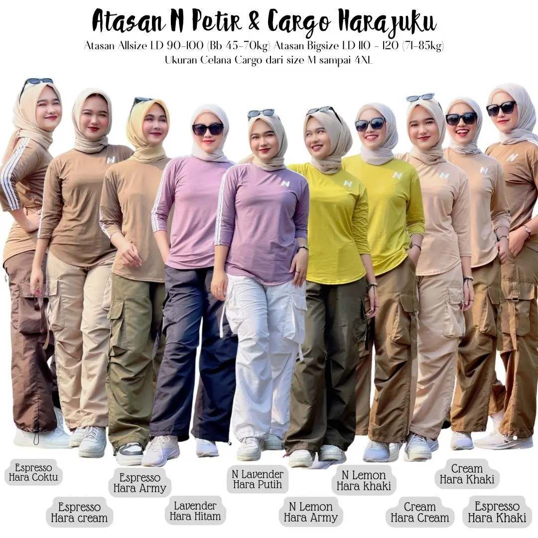 Nahra-Set Mix Atasan Petir Warna muda dan Cargo Harajuku, Cargo Harajuku Bahan Parasut dan Atasan Spandek Setelan Olahraga