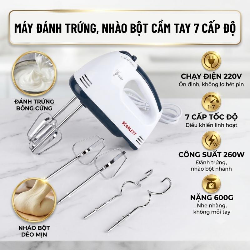 Máy đánh trứng, nhào bột cầm tay 7 tốc độ công suất 260W Scarlet thiết kế nhỏ…