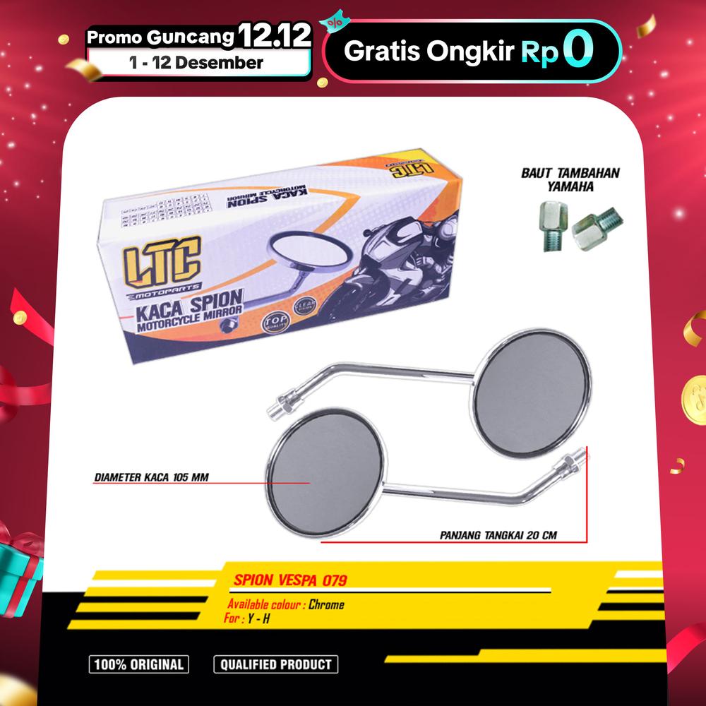 LTC - Kaca Spion Motor Motorcycle Vespa bulat 079 tangkai panjang Chrome Drat Honda Yamaha Fino Retro CB Foto Racing - Honda