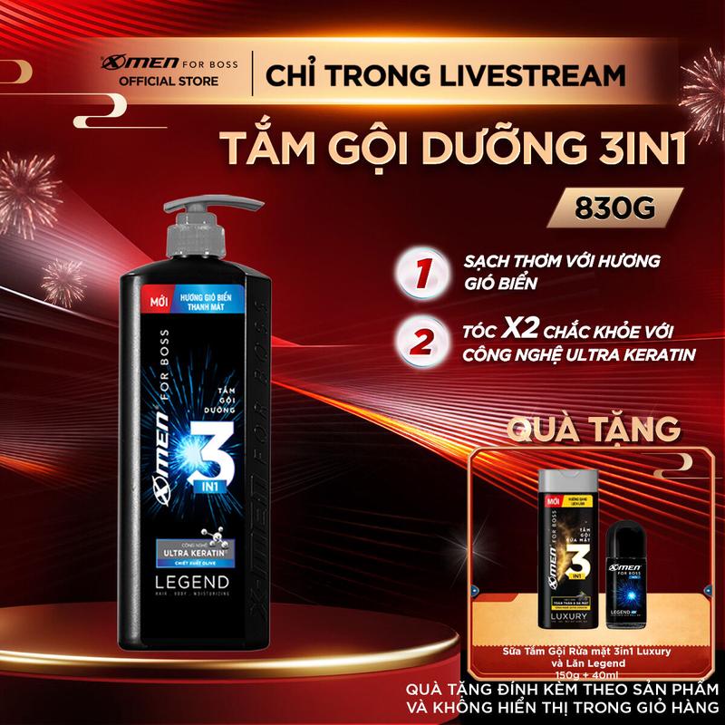   COMBO MUA 1 ĐƯỢC 3  Sữa Tắm Gội Dưỡng 3in1 Xmen for Boss Legend 830g + Tặng 3in1 Legend 150g và Lăn Legend 40ml 