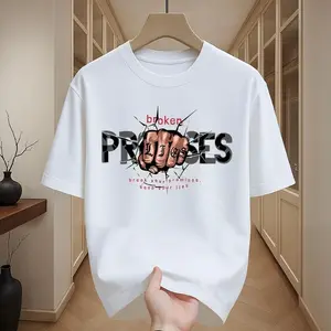 Kaos Lengan Pendek dengan Slogan Huruf Kepalan Tangan Patah Latar Belakang Putih dan Hitam Gaya Gelap Atasan Kerah Bulat Longgar