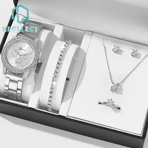 5Pcs Wanita Berlian Baja Tali Kuarsa Jam Tangan Kuarsa Aksesori Fashion Cincin Gelang Kalung Anting Set(Tanpa Kotak)