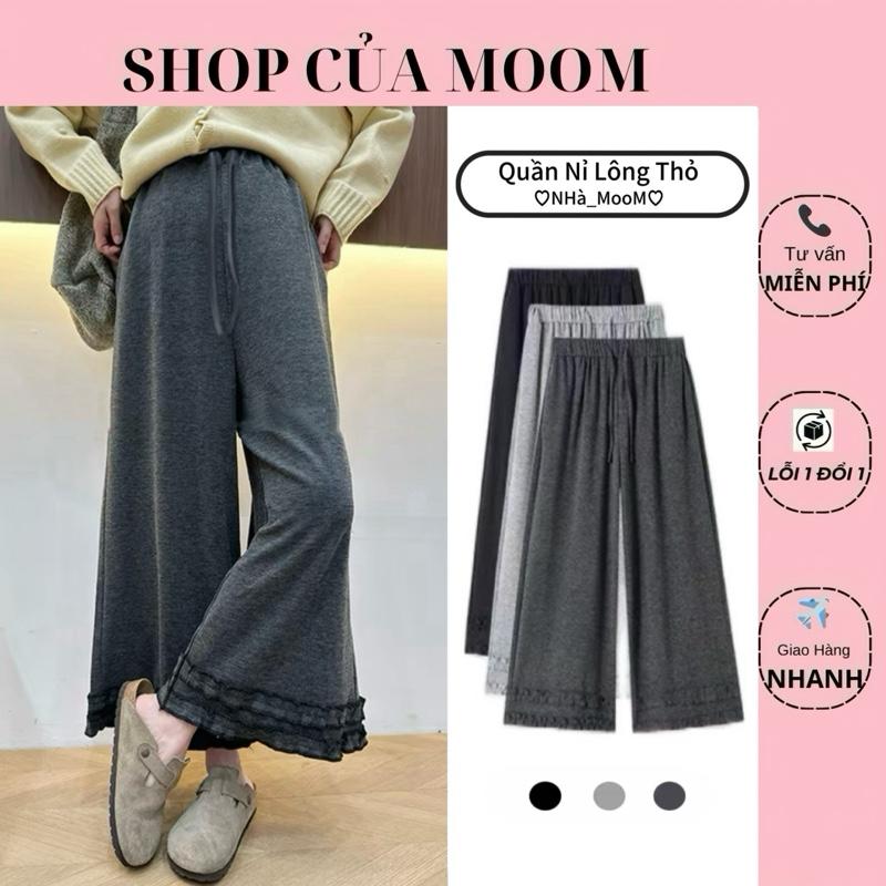   Nhà Moom  Quần Suông Gấu Bèo Quần Bầu Ống Rộng Chất Len Lông Thỏ Dày Dặn Mềm Mịn. Có Dây Rút Chỉnh Bụng 