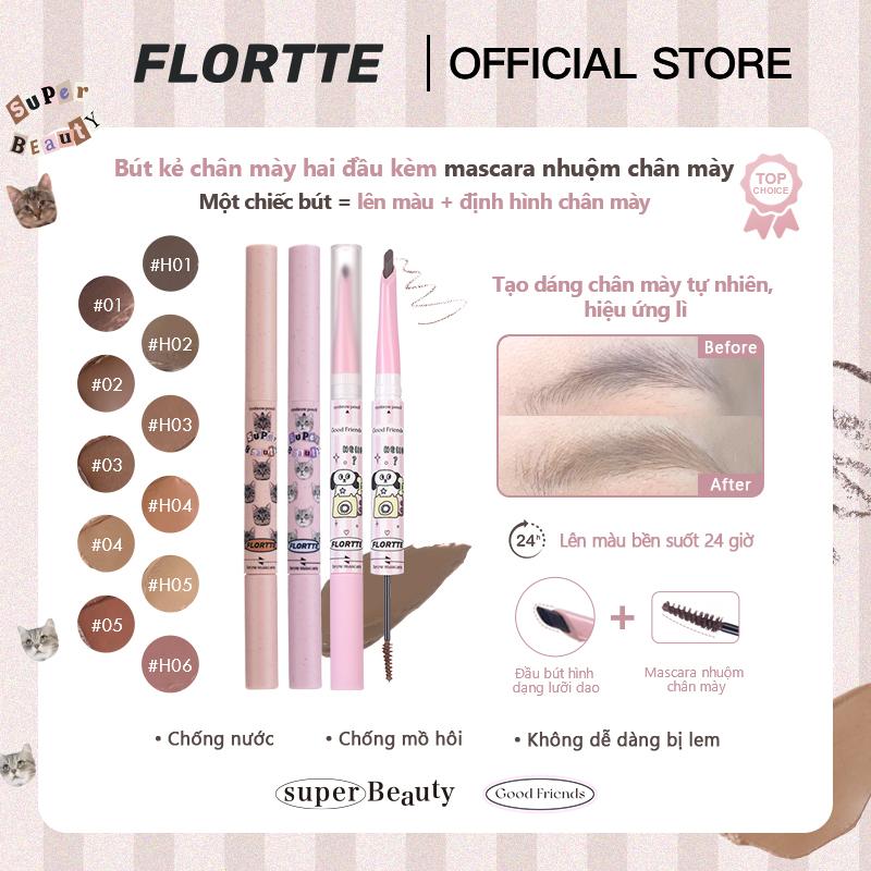 FLORTTE Super Beauty-Hai đầu tích hợp vừa kẻ vừa nhuộm long mày,Thiết kế hai đầu tạo nên hàng lông mày sắc nét có chiều sâu,5 màu để lựa chọn,Thích hợp với các bạn mới tập trang điểm món quà tuyệt vời tặng bạn gái