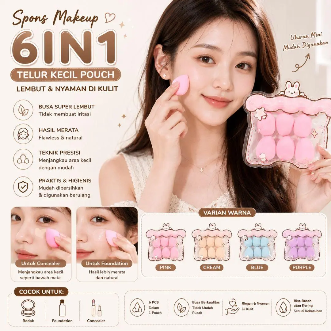 Spons Makeup 6IN1 Telur Kecil Pouch Isi 6 Aplikator Makeup Mini Beauty Blender Foundation Concealer