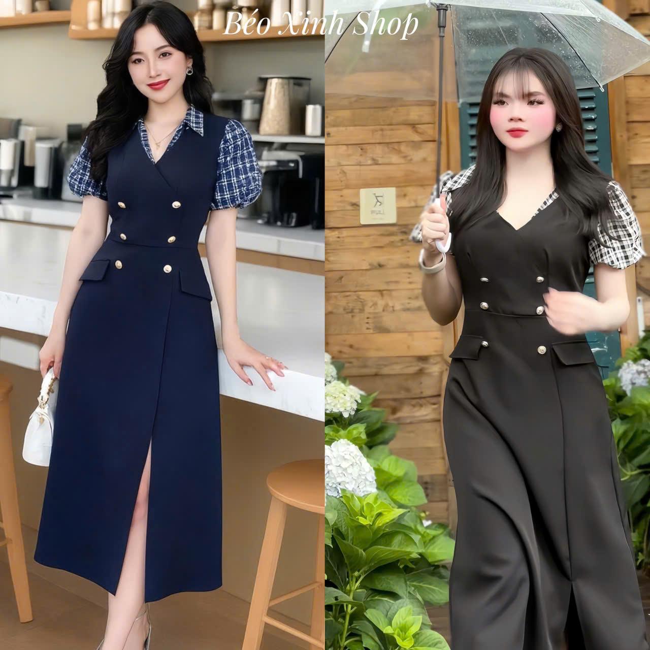 Váy Dự Tiệc Nữ Cổ Tim Phối Tay Caro Thanh Lịch Vải Cotton Lạnh Cao Cấp Bigsize Từ 40 - 90Kg Thời Trang Nữ Béo Xinh Shop - A.1586