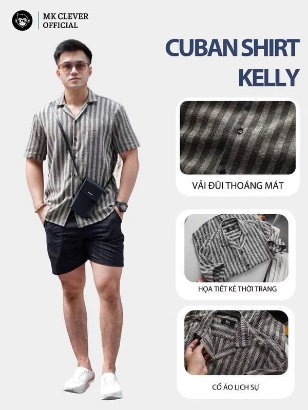 Áo sơ mi nam ngắn tay cổ vest phối kẻ sọc trẻ trung, vải cotton đũi thoáng mát, co giãn 4 chiều