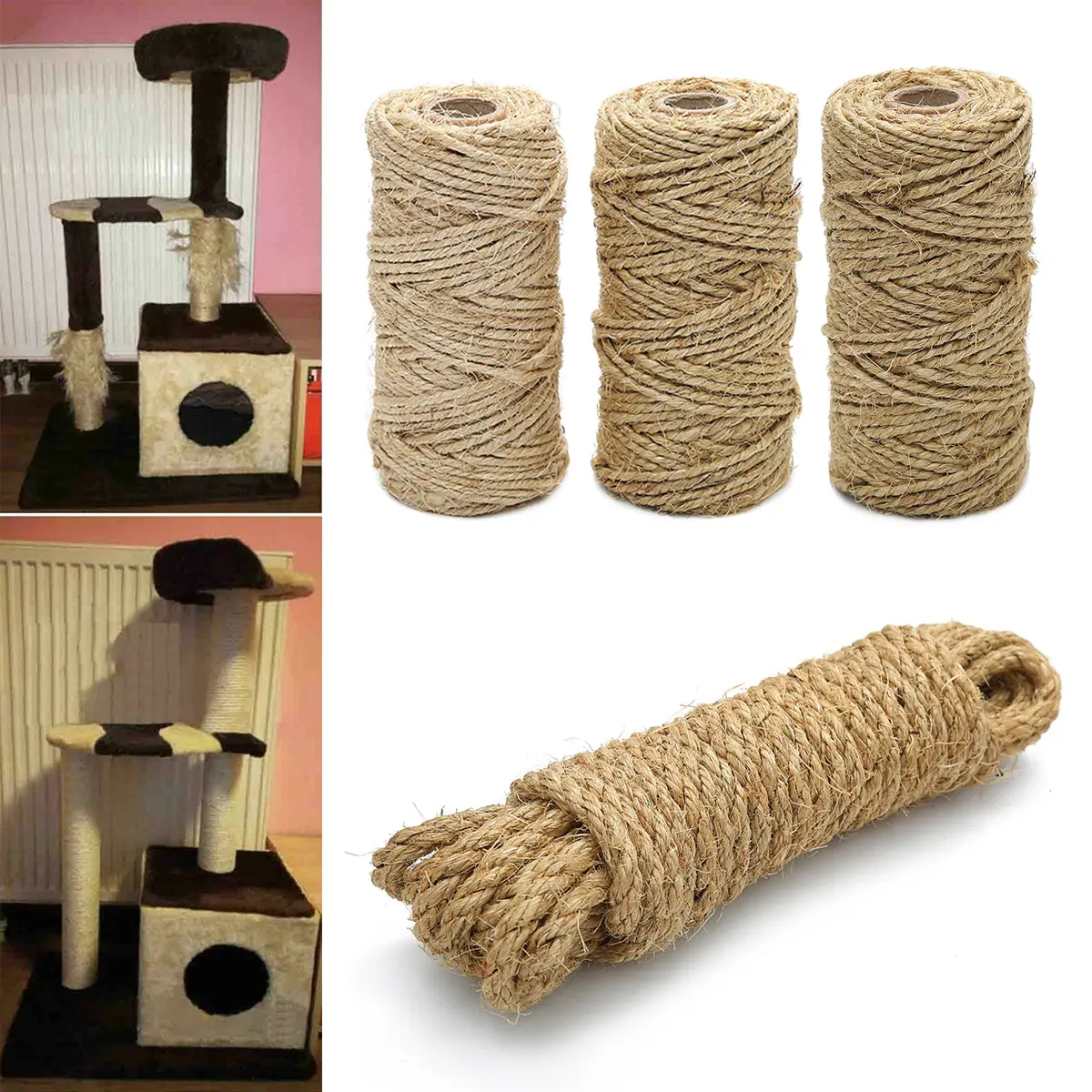Natural Sisal Rope Cat Scratcher Rope Tree Scratching DIY Toy Paw Claw Furniture Protector Scratching Post Climbing Frame Binding Rope Cat Accessories