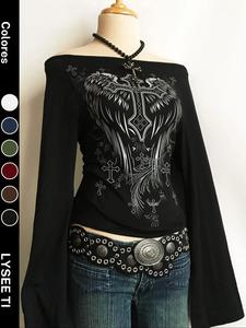 Top de moda y casual Y2K para mujer con estampado de cruz, un hombro y manga acampanada