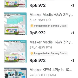 Masker Medis H&W 3Ply isi 50Pcs Putih Hitam Abu Biru Hijau Warna Earloop Surgical Mask Kemenkes Dewasa tali Karet elastis