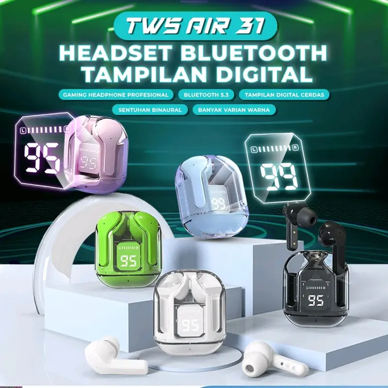 HEADSET WIRELESS BLUETOOTH AIR 31 EARPHONE NOISE CANCELLING HEADSET HIFI  HD LED DISPLAY putih
