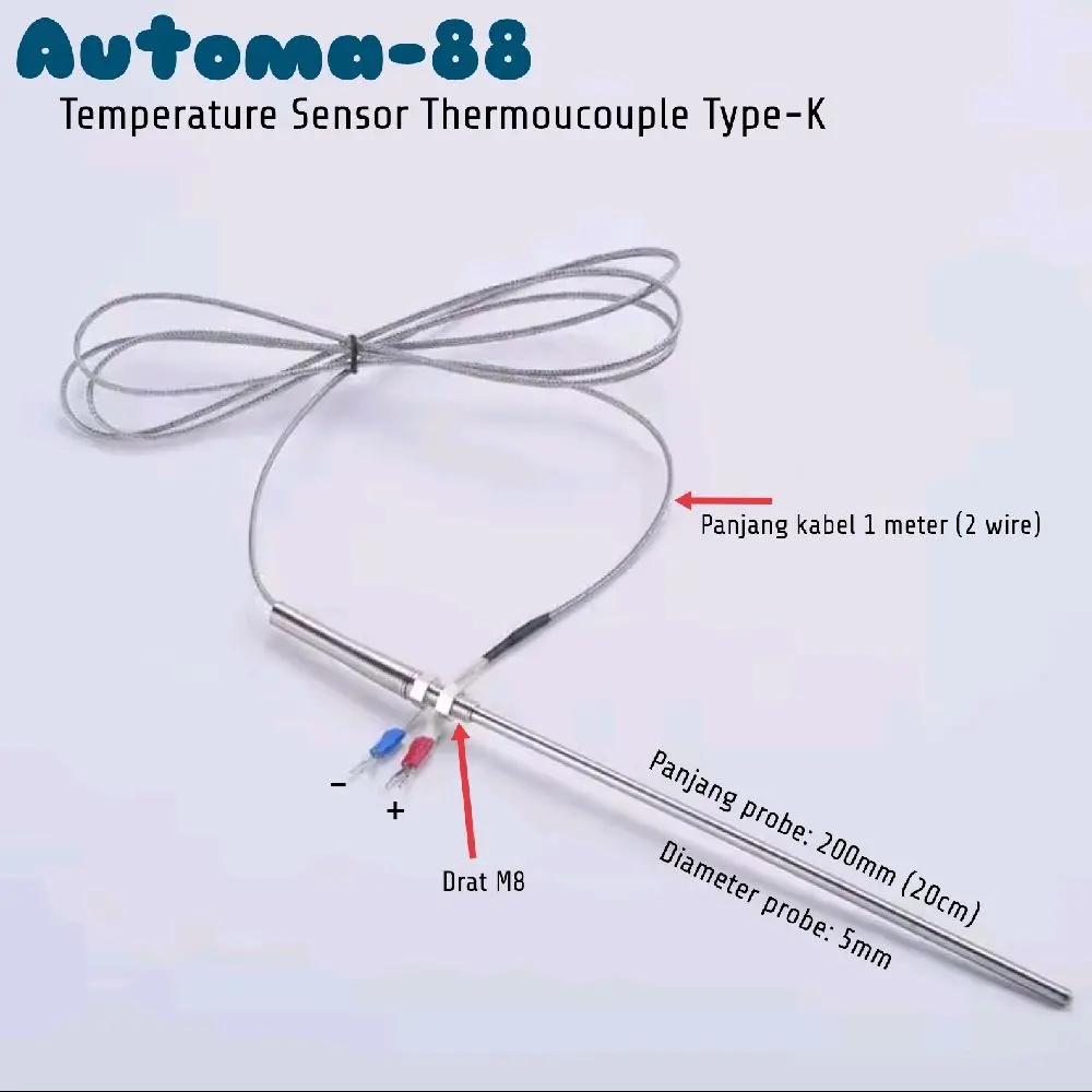 Thermocouple Type-K panjang Probe 20cm 200mm Kabel 1m 1 meter Drat M8 Temperature Sensor Suhu TC-K K-Type diameter 5mm Stainless Steel stik 200 mm 20 cm