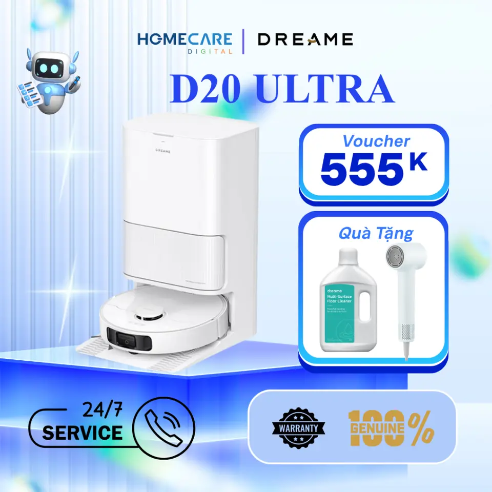 Robot Hút Bụi Lau Nhà Dreame D20 Ultra-Lực Hút 13.000Pa,Trạm Sạc Đa Năng Thông Minh, Hàng Chính Hãng