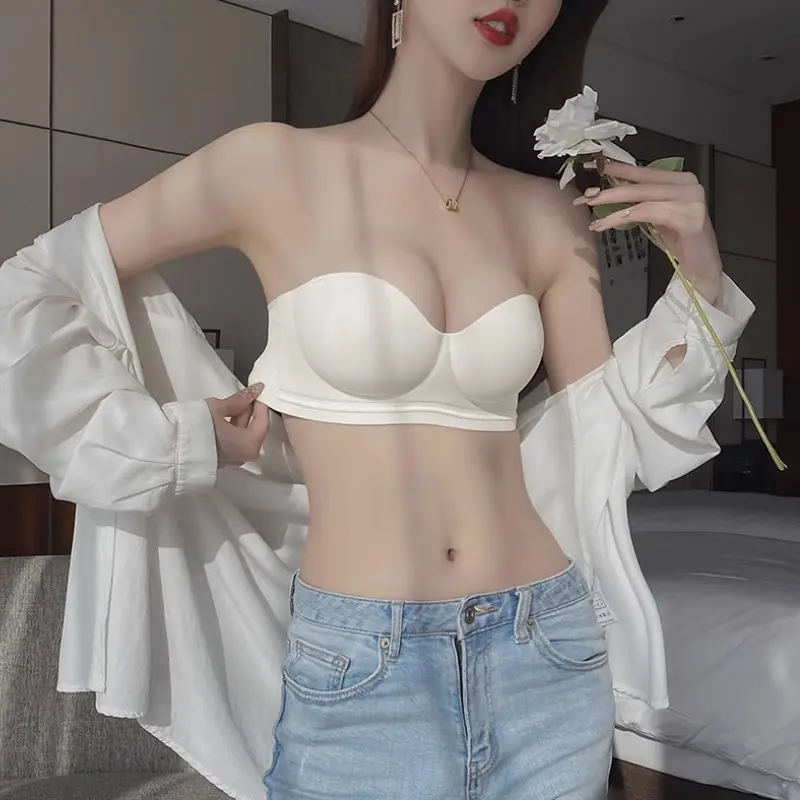 Strapless lingerie for women gathered together, anti slip, small chest, large, seamless, and beautiful back bra, invisible and anti slip, white wrap bra Cotton Plain Floral Striped Seamless Strapless Wireless 3/4 Coverage Full Coverage