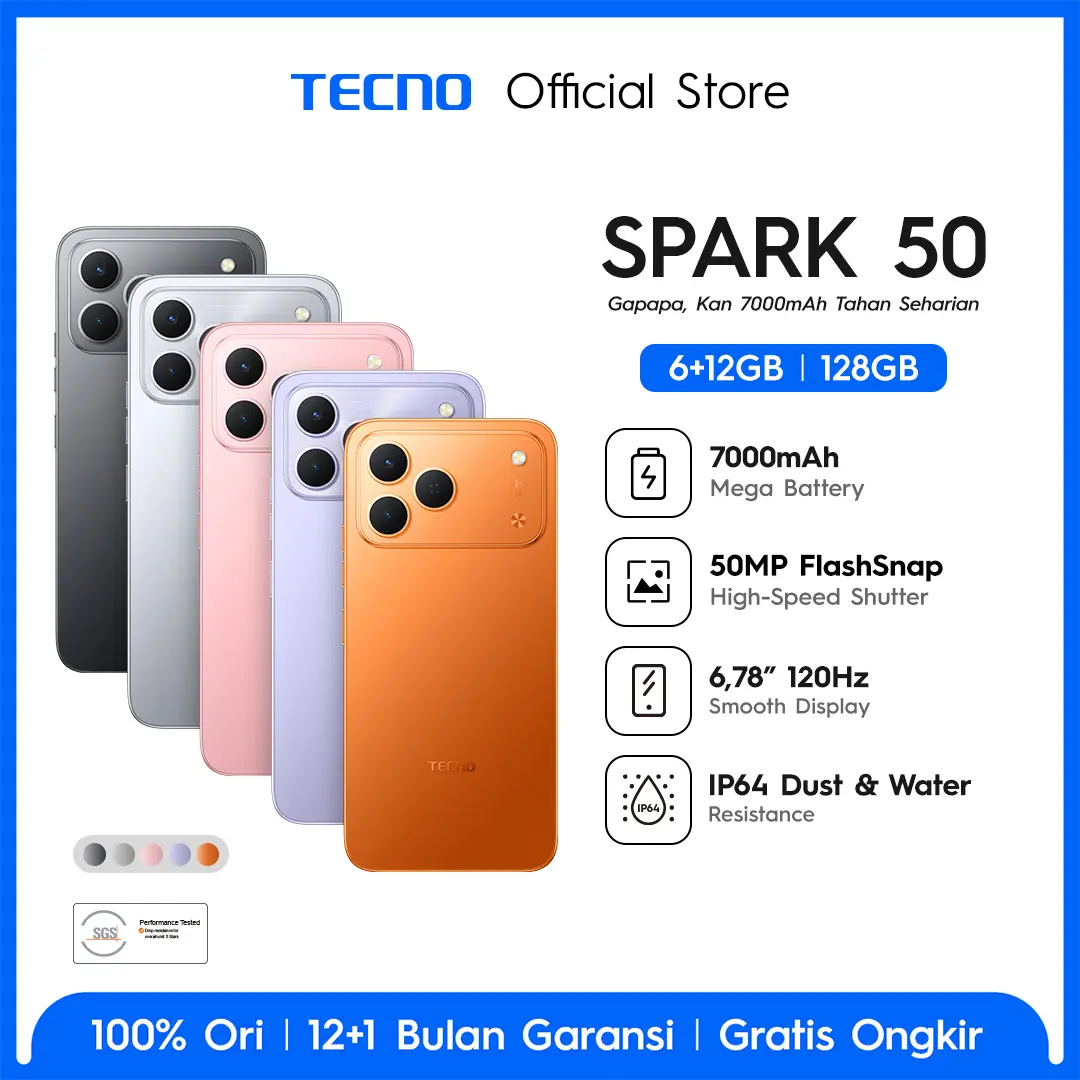 [Andriyadi] TECNO SPARK 50  - 6+12GB*/128GB, 7000mAh Mega Battery, 50MP AI Camera + FlashSnap, 120Hz 6.78" Smooth Display, IP64 High Durability - SPARK50