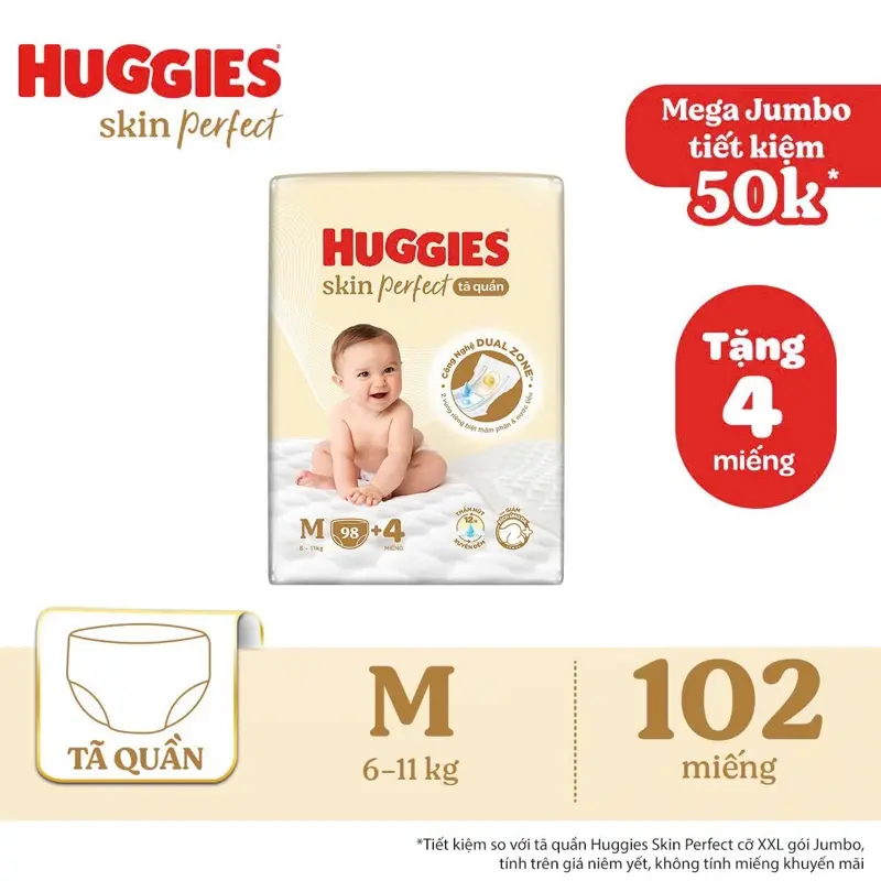 [Live ] Tã quần Huggies SKinperfect Mega Jumbo M98+4/ L88+4/ XL72+4/ XXL64+4 phiên bản săn rồng vàng