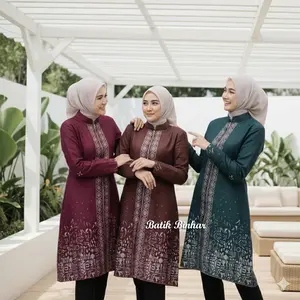 SUTENA Tunik Batik Modern Lengan Panjang Kerah sanghai terbaru burgundy mahogany