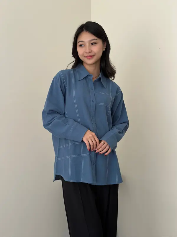 ASOKA Twila Shirt 2289 - Contrast Stitching Oversize Blouse Long Sleeve - Atasan Wanita Kemeja Kasual Linen Baju Panjang 5