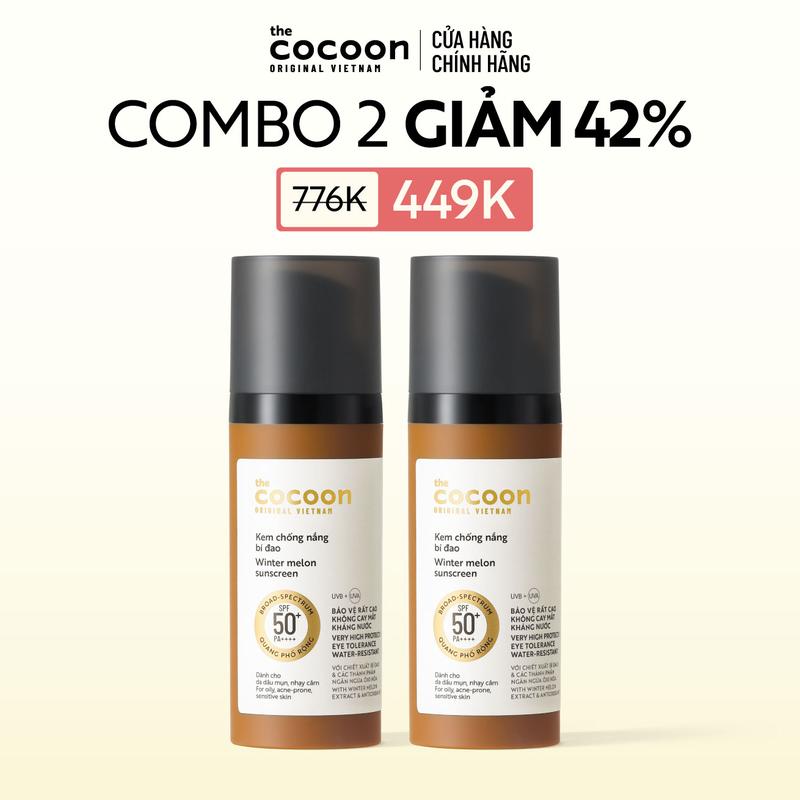 [MUA 2 GIẢM 42%] Combo 2 Kem chống nắng bí đao quang phổ rộng SPF 50 +, PA ++++ Cocoon 50ml