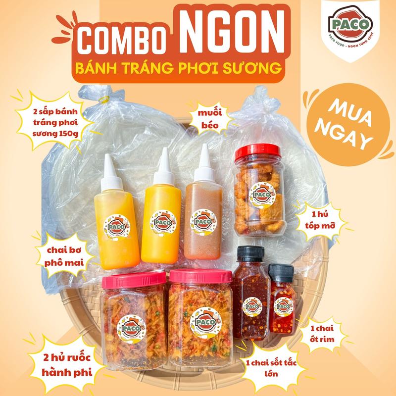   PACO-KOL  Combo Ngon Bánh Tráng Phơi Sương 2 Sấp bánh tráng 2 Hủ Ruốc Hành Phi 2 Chai Bơ Phô Mai 1 Muối Béo Paco Food 1 Chai Ớt Rim Mật Ong Đồ Ăn Vặt Thịnh Hành 