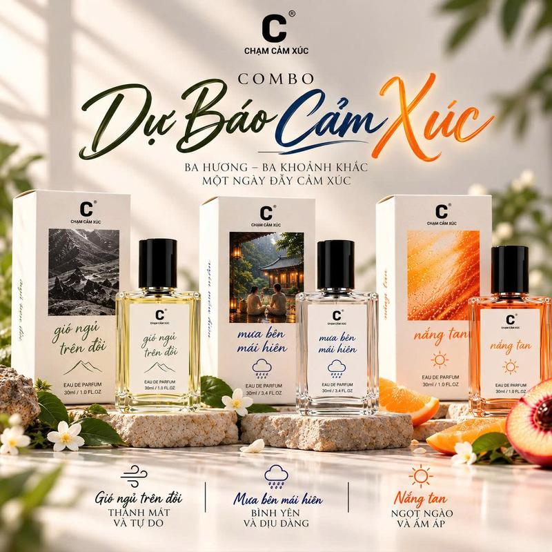Combo 3 Chai "Dự Báo Cảm Xúc" Gồm Nước Hoa "Nắng Tan", "Mưa Bên Mái Hiên" và "Gió Ngủ Trên Đồi", Sự Kết Hợp Của Mát Lành, Thư Thái và Mùi Hương Tươi Sáng, Ấm Áp, Ngọt Ngào Tựa Ánh Nắng , Chai 30ml - Độ Lưu Hương 5 Giờ - CHAMVN