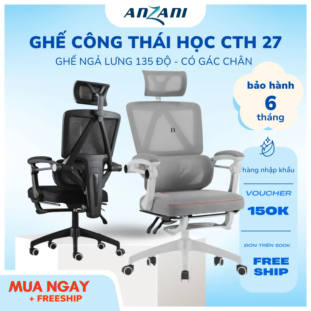 {CTH 27 - 3 màu } Ghế công thái học Anzani CTH 27 có gác chân, full tính năng ngả lưng êm ái - Ghế Chơi Game Hỗ Trợ Tuyệt Đối Đốt Sống Ngả Lưng 145 độ Lưng Lưới Thoáng Khí