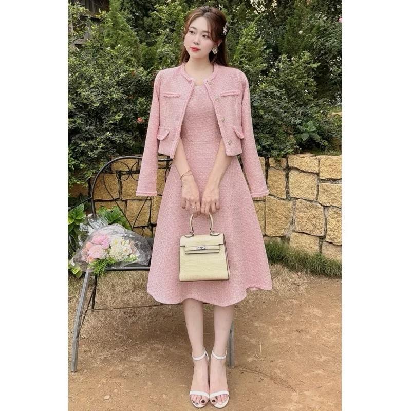  s427 Set váy thiết kế tiểu thư chất liệu dạ tweed hồng ngọt ngào dễ thương 