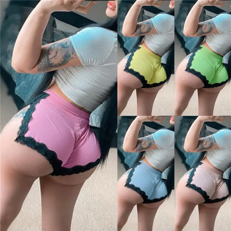 1pc New Women Elastic Waistline Split Lace Hem Shorts Yoga Sports Casual Shorts Pajamas Shorts Underpants Home Shorts Plus Size