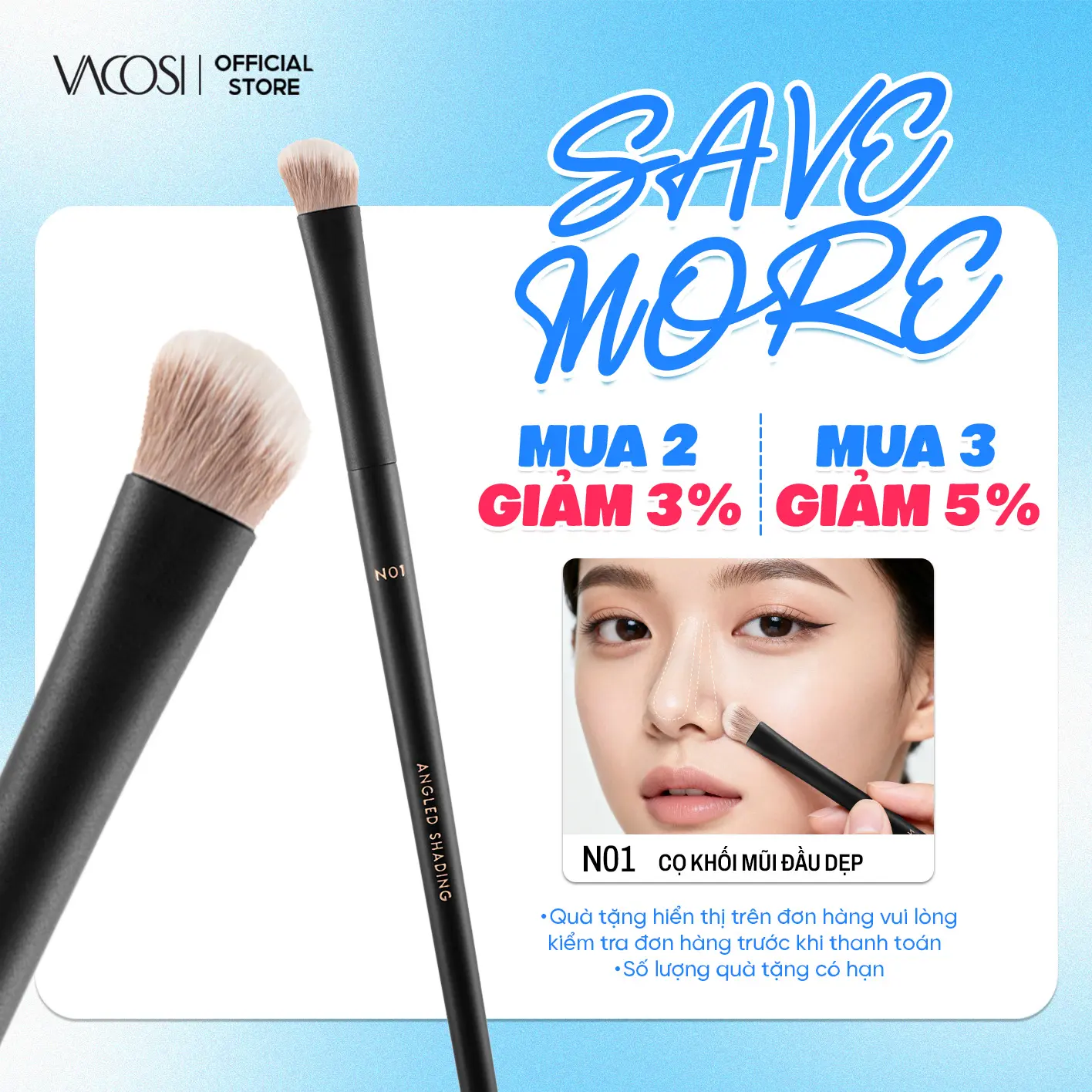 Cọ Tạo Khối Mũi Đầu Dẹp VACOSI Thiết Kế Đẩy Sóng Mũi Chuẩn Xác & Lông Cọ Mềm Mịn, N01-Y24
